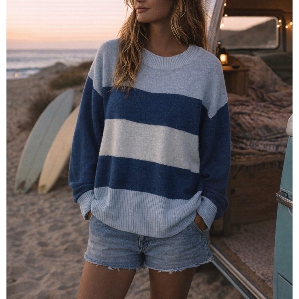 Lucky Brand Women's Blue White SM Pullover Sweater Oversized Comfy Wide Stripes